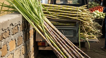 Freshly harvested sugarcane stalks with vibrant green leaves piled high on a rustic truck bed, ready for market. A close-up view showcasing agricultural bounty and natural sweetness.