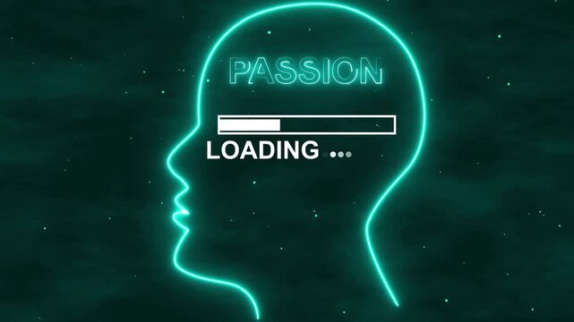 Neon Human Head with passion Mode Loading Bar Animation, Mind Processing Animation,passion Mode in loading, Neon teal outline of a human head with the word tactics and a loading bar inside image.