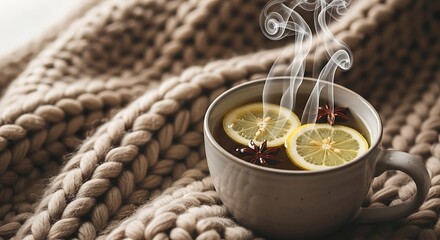 Steaming Hot Lemon and Star Anise Tea in a Cozy Mug on a Chunky Knitted Blanket, Evoking Warmth, Comfort, and Relaxation for Autumn and Winter Evenings