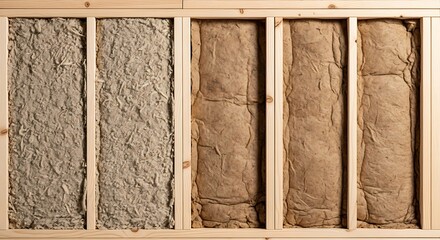 Energy-efficient home construction featuring a wooden stud wall filled with both natural fiber insulation and traditional mineral wool for superior thermal performance.