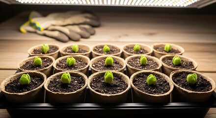 Young Green Plant Seedlings Sprouting in Biodegradable Peat Pots Under LED Grow Light on Wooden Table - Indoor Gardening and Sustainable Horticulture
