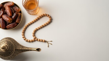 Naklejka premium Ramadan essentials with dates, prayer beads, and traditional tea