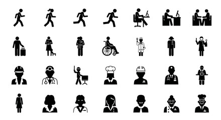 Modern vector icon set featuring a wide range of human figures, representing various professions, everyday activities, and social dynamics for versatile graphic design projects