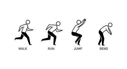 Icons representing human body movements walking, running, jumping, and bending