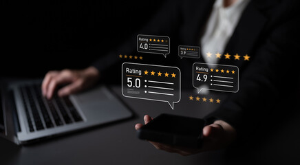 Customer centric review and rating system supports product review, digital rating concept, and...