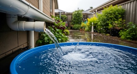 Rainwater Harvesting System: Fresh Water Flowing from Downspout into a Blue Rain Barrel for Sustainable Garden Irrigation and Conservation in a Residential Backyard