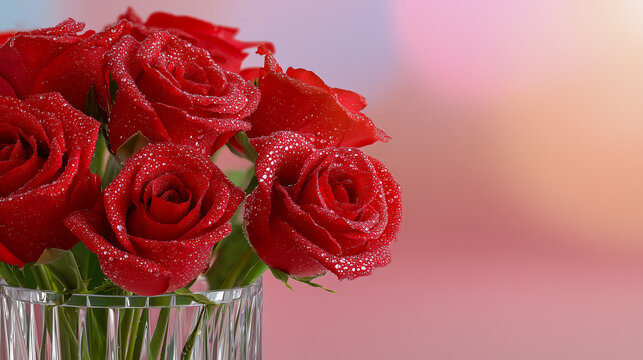 Close-up of red roses with water drops in crystal vase on bokeh background.