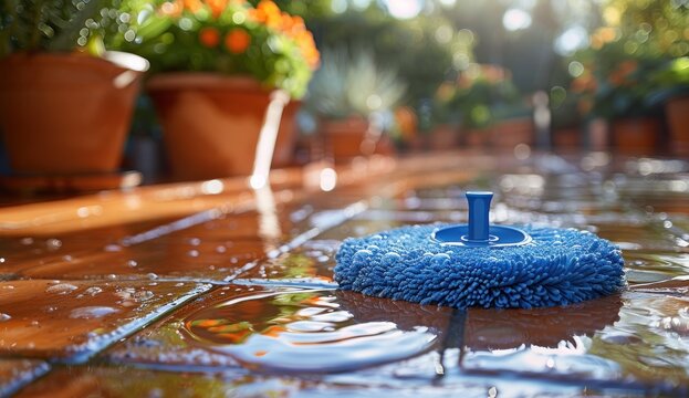 Blue cleaning pad on a sunlit, wet tiled patio with blurred terracotta pots and flowers