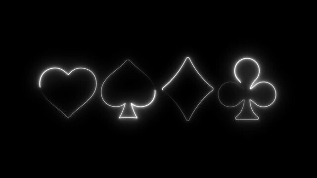 Glowing neon poker card suits heart spade diamond club isolated on black background for gaming and betting concepts