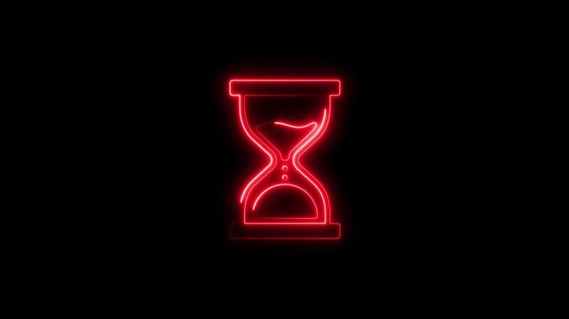 Red neon hourglass on black background symbolizing time passage urgency and deadlines glowing red sand timer