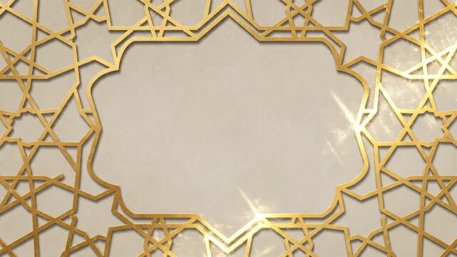 Elegant Golden Frame Reveal: Intricate Islamic geometric pattern border on a textured beige background, perfect for luxury product presentations, Ramadan greetings, or wedding invitations.