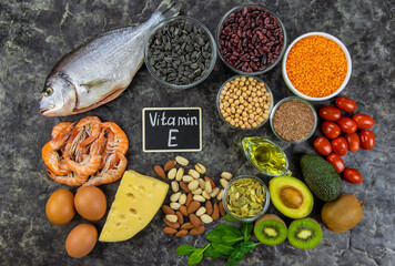 Foods that contain vitamin E. Selective focus.