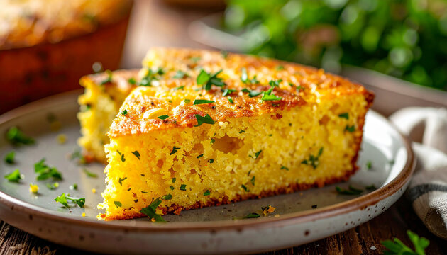 Savory cornbread slice with herbs, tasty homemade food, cooking and culinary concept, cozy kitchen