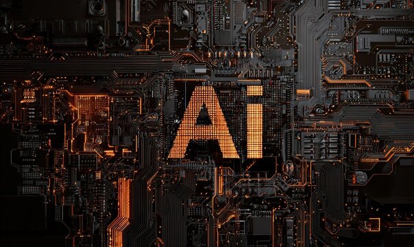 Close - up of AI Symbol on Circuit Board with Glowing Elements