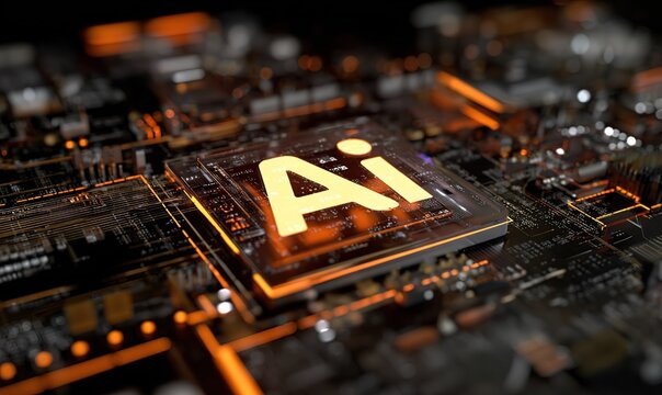 Close - up of AI Symbol on Circuit Board with Glowing Elements