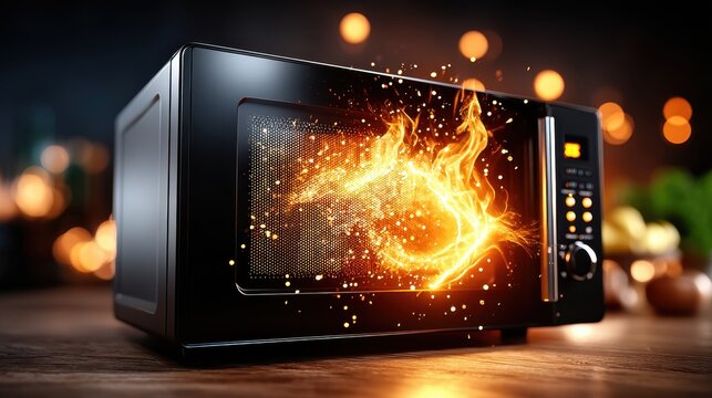 A black microwave oven with a glowing red fire inside. The fire is surrounded by a bright orange glow, creating a dramatic and eye-catching effect. Concept of excitement and energy