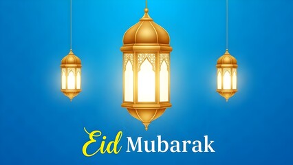 Obraz premium Eid Mubarak greeting card with ornate golden lanterns hanging against a vibrant blue background, celebrating the Islamic festival.