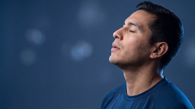 Profile of tired Hispanic sportsman with closed eyes and sweat on face. Man resting after heavy cardio training on blue background. Concept of endurance and fitness recovery.