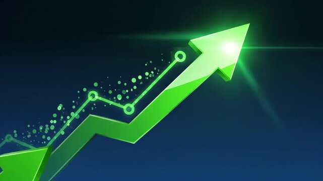 Green arrow graph rising upward with glowing particles and data points on dark blue background abstract concept for growth success finance business
