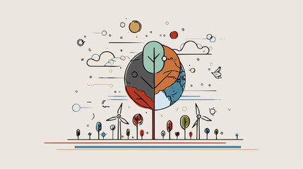 Obraz premium Vector illustration of stylized tree with globe-shaped colorful canopy, wind turbine, sun, clouds, city below on light background with copy space. for eco, sustainability, renewable energy branding