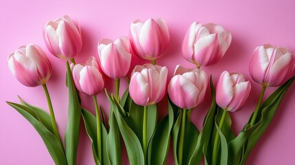 Fototapeta premium Pink tulips on soft pastel background, spring floral greeting card concept for International Women’s Day and Mother’s Day, elegant flower background for celebration designs