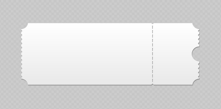 Blank white ticket or coupon template with perforated edge. Realistic paper mockup for event, voucher, invitation