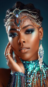 A woman with blue and gold jewelry on her head and face. She is posing for a picture