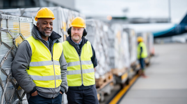 Photorealistic portrait of couple of males airport ground crew workers standing next to a large ULD cargo container on an airport tarmac. The cargo container is clearly taller than