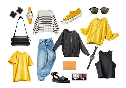 Modern casual style sport teenager clothes siolated on white, collage of female clothing.
