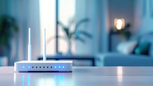 modern white router for home Internet and television networks, online communications against the backdrop of a bright home interior with neon lighting and copy space