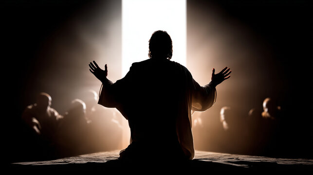 Faceless silhouette of Jesus appearing in a locked room to his disciples, The Divine Appearance concept, soft glowing light, awe-inspiring atmosphere, with copy space