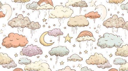 Naklejka premium Whimsical clouds, crescent moons, and stars in pastel colors