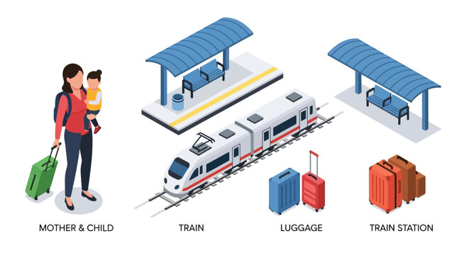 Isometric illustration of a mother child train and station with luggage