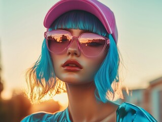 Stylized portrait of a womn with blue hair, pink fel visor, and clear angular lasses at sunset. Modern fshion vision meets nostalgc 90s edge in soft lightin.