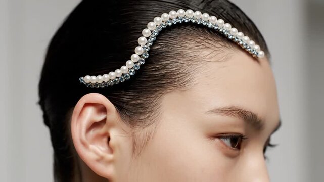 Close up portrait highlights intricate wavy pearl and rhinestone hair accessory adorning sleek dark hair for fashion editorial styling