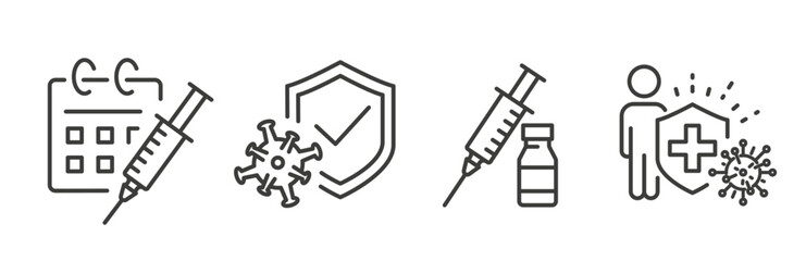 Vaccination set icons, contains such as vaccination calendar, dose, patient protect, fight against the virus, line art vector