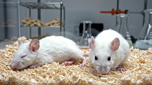 Three white mice in a lab setting