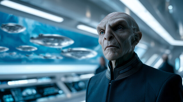 Cinematic medium shot of a pompous alien commander standing on a pristine high-tech spaceship bridge. The alien has a quirky design with smooth pale skin and large expressive eyes,