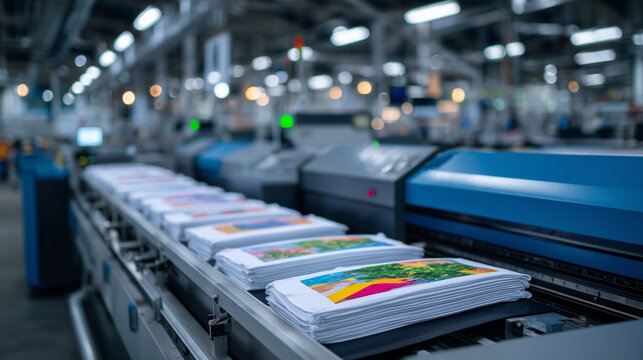Close-up of modern factory machines printing colorful designs on white t-shirts, shirts aligned in rows on conveyor, automated textile production, crisp industrial lighting