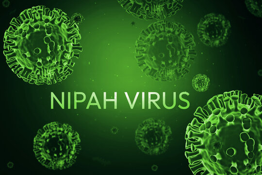Digital illustration of nipah virus structure in green background highlighting microscopic details and viral components