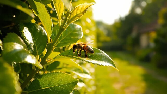 Bee lands on green leaf in sunny garden with sunlight. Flying bee visits plant leaf for pollination. Bee on leaf collects pollen in garden. Sunny day shows bee pollinating on green plant leaf.