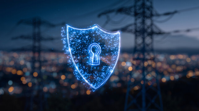 Close-up of glowing digital shield lock hovering over electrical towers, cyber security interface overlay, neon blue energy protection symbols, futuristic power grid defense concep
