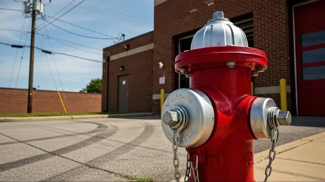 Red fire hydrant near brick building on sunny street corner