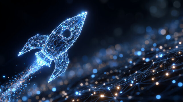 Futuristic business growth concept, digital rocket with upward arrows, neon abstract network of points and lines, rapid development and innovation visualization