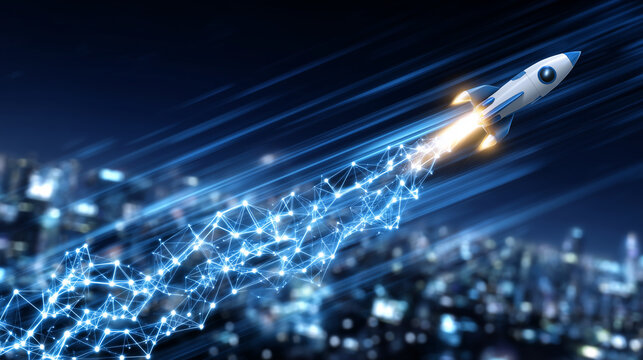 Rocket taking off in abstract technological space, neon arrows pointing upward, interconnected glowing dots, symbolizing acceleration and business scaling