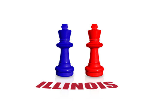 Chess made from Democrats and Republicans colors with word ILLINOIS