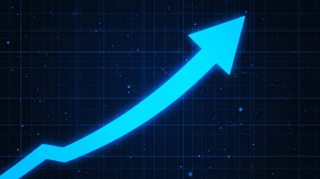 Blue arrow ascending on a grid-lined background with twinkling particles, representing growth