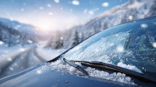 Car windshield covered in fresh snow, wipers frozen in place, icy winter conditions, close-up view highlighting cold weather and driving safety