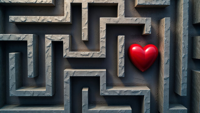 A heart-shaped object sits at the end of a complex maze on Valentine's Day, symbolizing the challenges and rewards of love and personal growth in life
