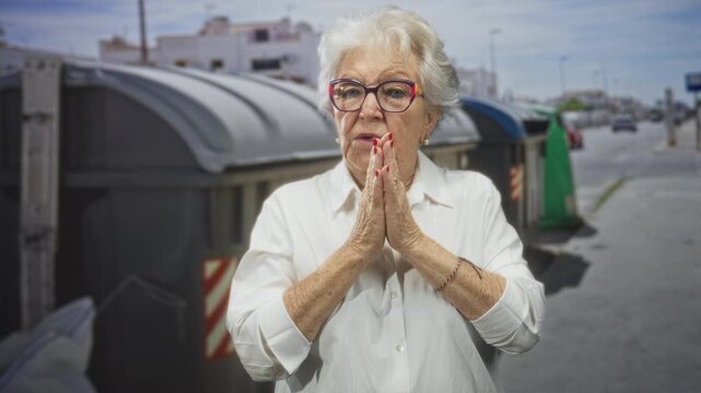 Elderly woman with hands pressed together praying beside street garbage bins, palms visible and clasped; pleading hope.